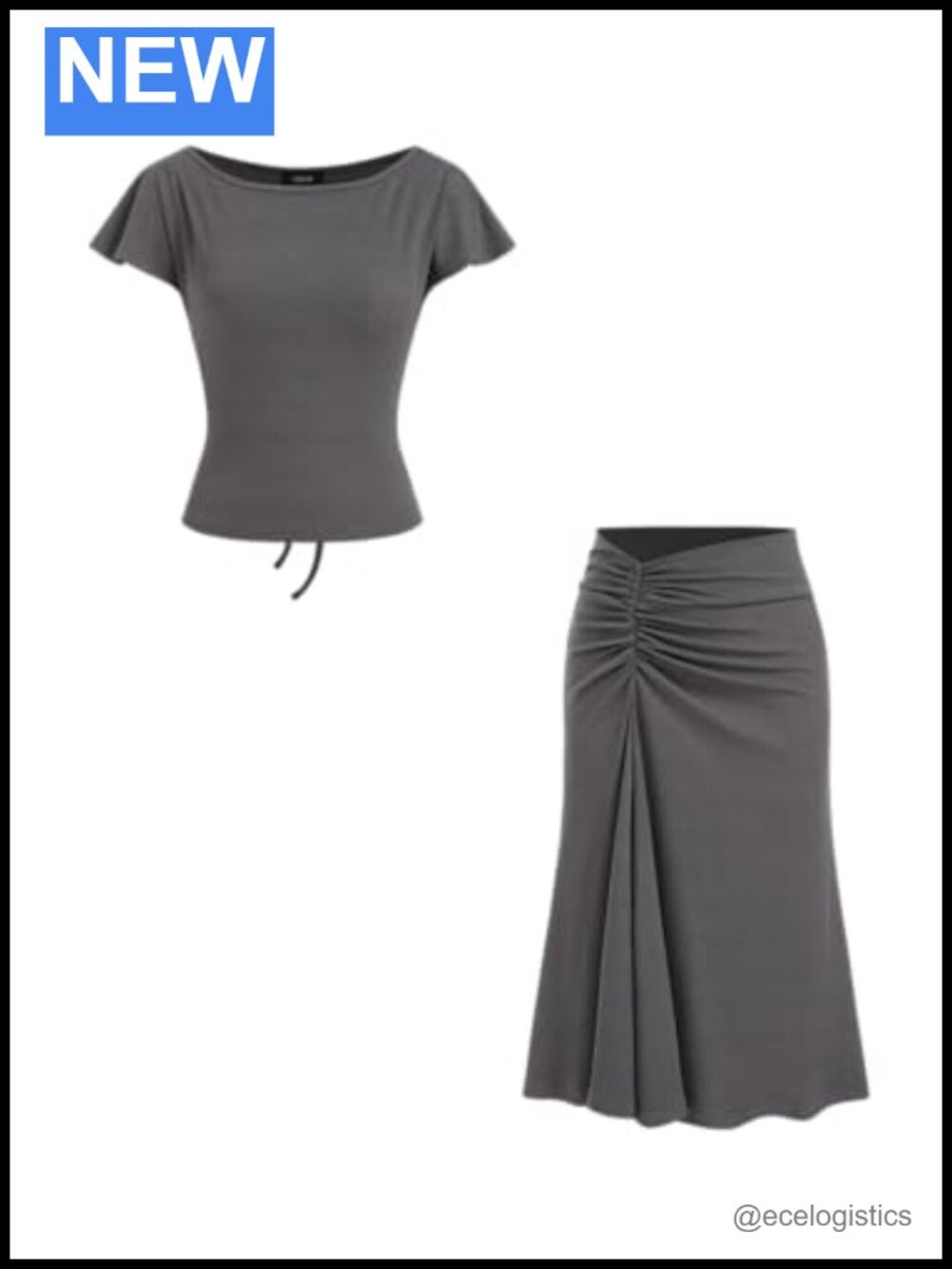 Two Piece Skirt Set Crop Top Ruched Midi Flutter Sleeve Bodycon Knit Women's